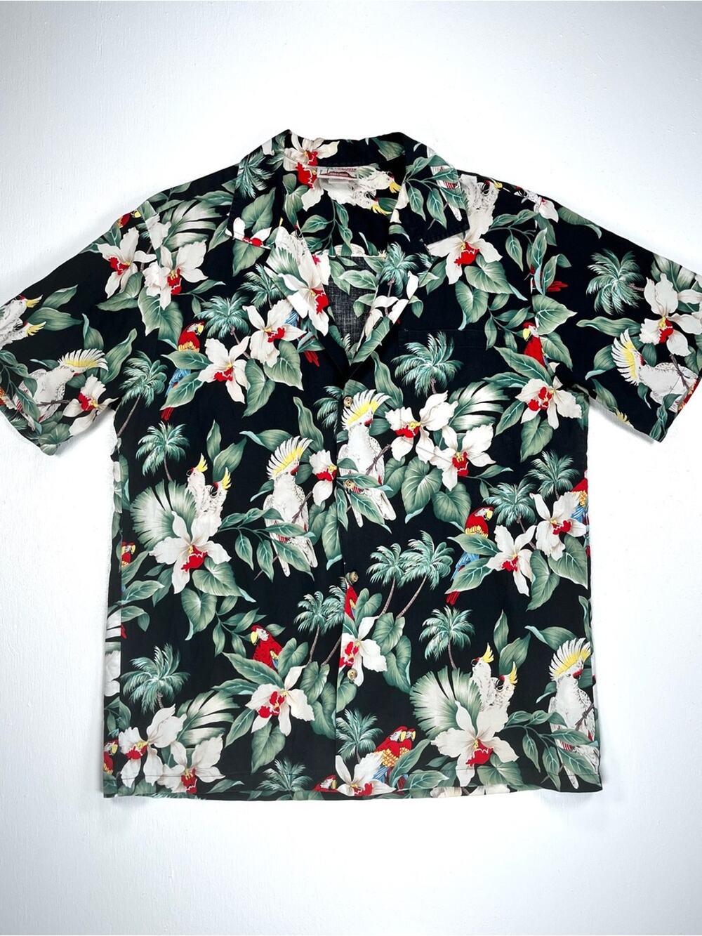 Vintage Men's Black Tropical Birds Print Hawaiian Shirt 100% Cotton Size Large